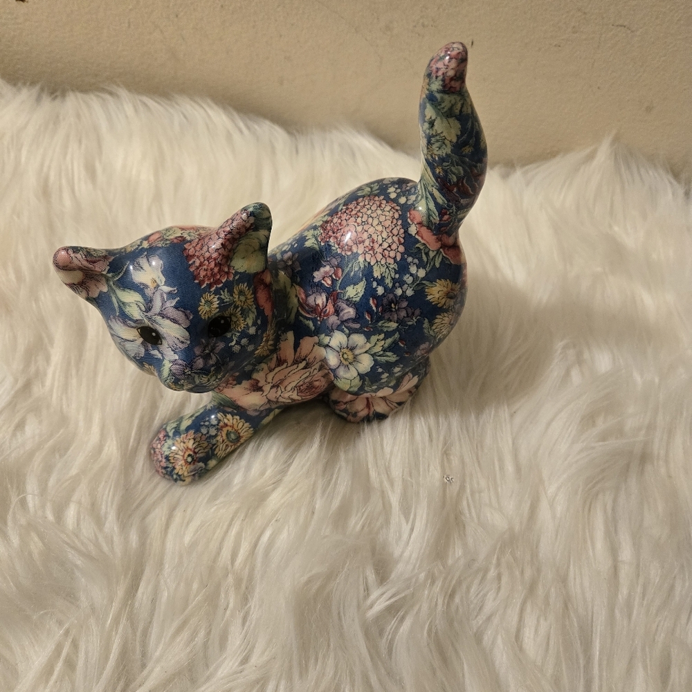 Vtg Porcelain Patchworks from Joan Baker Designs Floral Decorated Cat Figurine